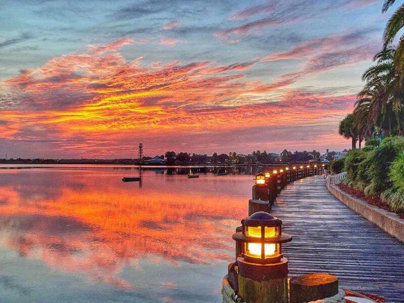 Sunrise along the boardwalk at Lake Sumter Landing
