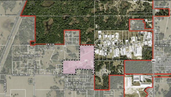 The pink shaded area shows the acreage taken before the Wildwood Commission Monday night The pink shaded area shows the acreage taken before the Wildwood Commission Monday night