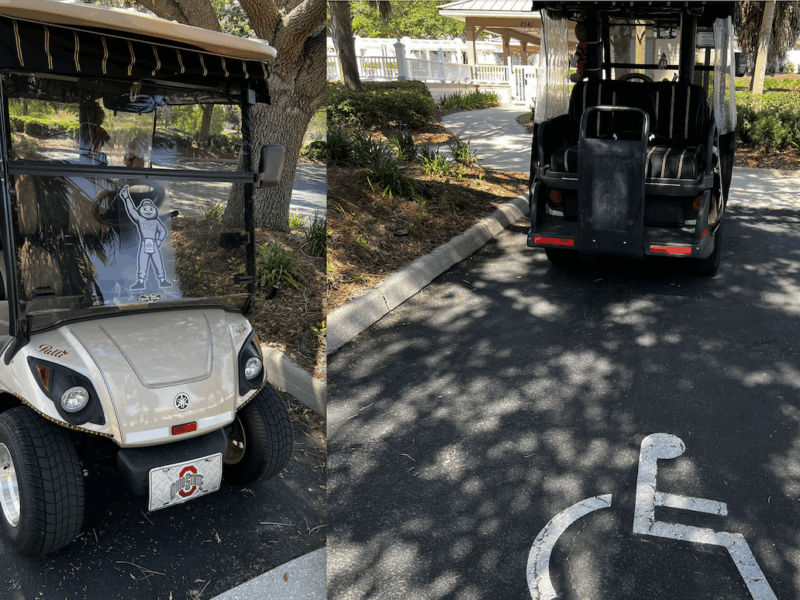 This golf cart has been spotted in the handicapped parking spot at the Bonita Postal Station