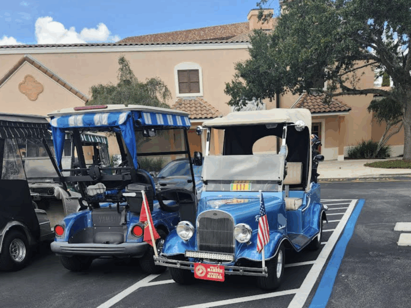 The golf cart at far right was parked in a handicapped accommodation zone at Spanish Springs