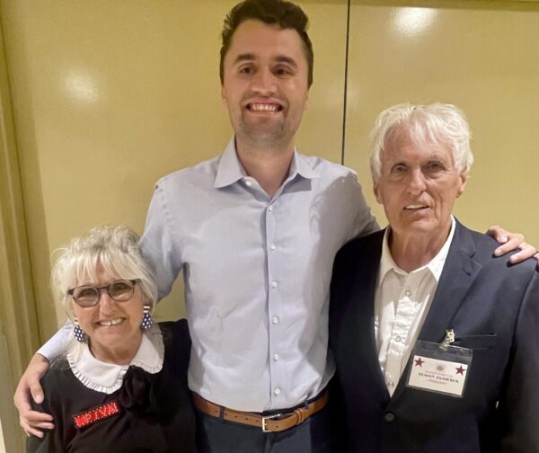 Valerie and Tommy Jamieson flank Charlie Kirk at event last year in The Villages Valerie and Tommy Jamieson flank Charlie Kirk at event last year in The Villages