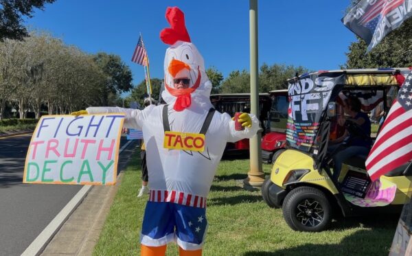 A demonstrator dressed as Taco the Chicken at the No Kings Rally A demonstrator dressed as Taco the Chicken at the No Kings Rally