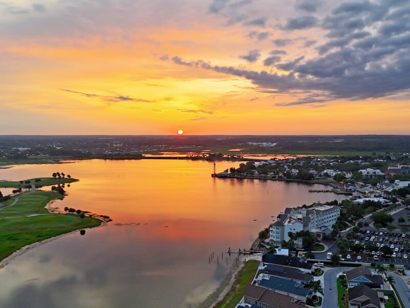 Drone shot of sunrise over Lake Sumter