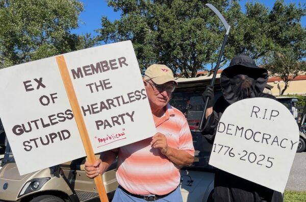 The Grim Reaper paired with a former Republican at the No Kings rally in The Villages The Grim Reaper paired with a former Republican at the No Kings rally in The Villages