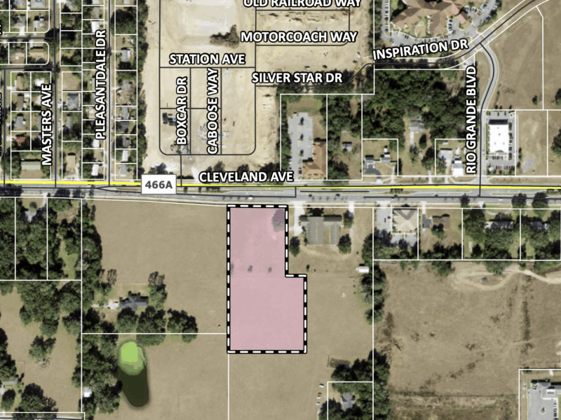 The shaded area shows the proposed location of the automotive repair shop on Cleveland Avenue County Road 466A
