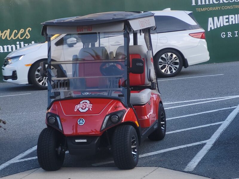 This golf cart with Ohio State insignia was parked in a handicapped accommodation zone at Spanish Springs Town Square.