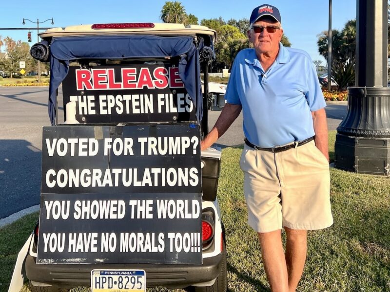 Ed McGinty was protesting Saturday at the intersection of County Road 466A and Morse Boulevard