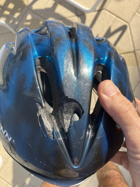 Jim Oxford s helmet was left with a deep gash after it was struck by a golf ball Jim Oxford s helmet was left with a deep gash after it was struck by a golf ball