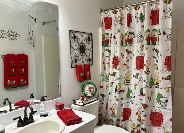Even the bathroom takes on a Peanuts holiday theme