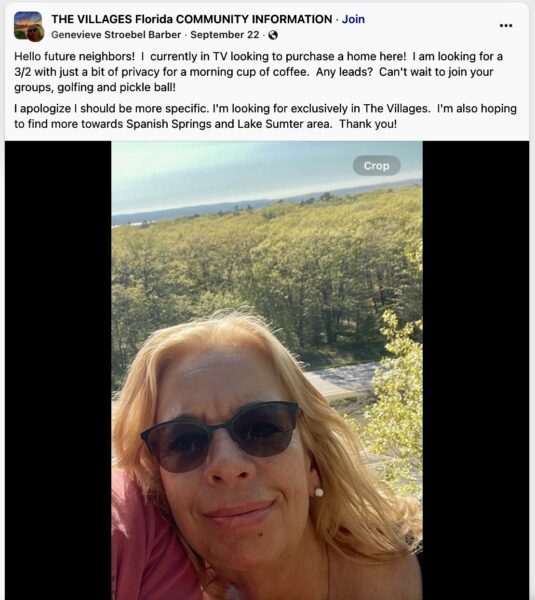 Genevieve Barber used this social media post to announce her intention to put down roots in The Villages
