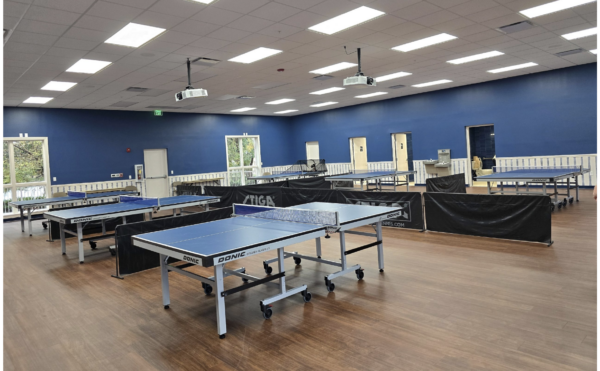 The table tennis facility at La Hacienda Recreation Centers offers lighting that benefits the sport. Many rooms elsewhere in The Villages have chandeliers which are not conducive to table tennis.