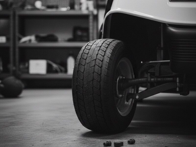 A wheel on a golf cart illustrating a chop shop.