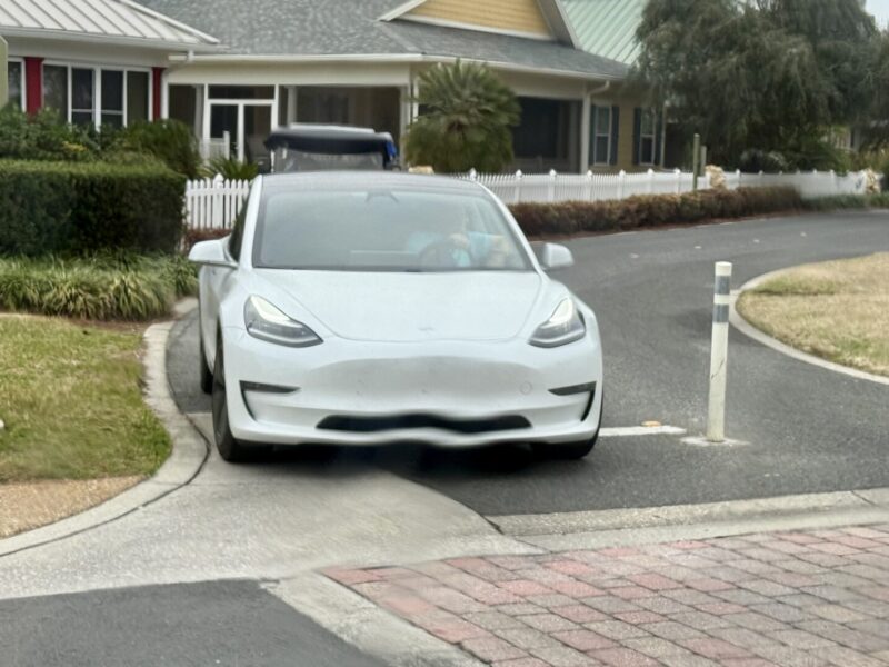 The driver of this white Tesla took a drive in the golf cart lane across the Morse Boulevard bridge at Lake Sumter.