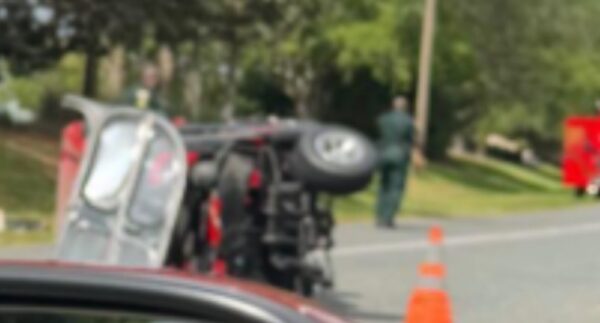 A reader shared this image of the golf cart apparently knocked on its side on Morse Boulevard A reader shared this image of the golf cart apparently knocked on its side on Morse Boulevard