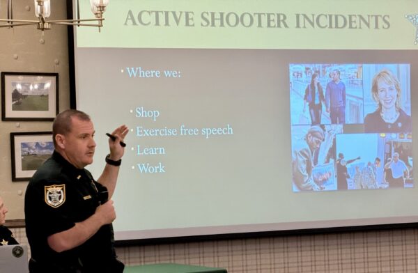 Lt. Mike Ross explained where mass shootings have occured and how to deal with such events . Lt. Mike Ross explained where mass shootings have occured and how to deal with such events .
