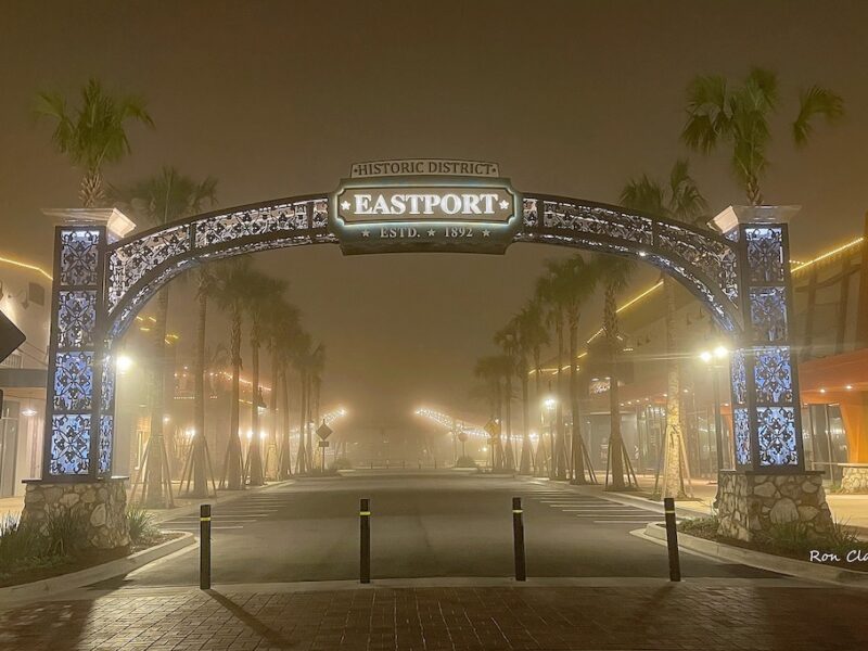 Morning fog covers Eastport Town Center in The Villages