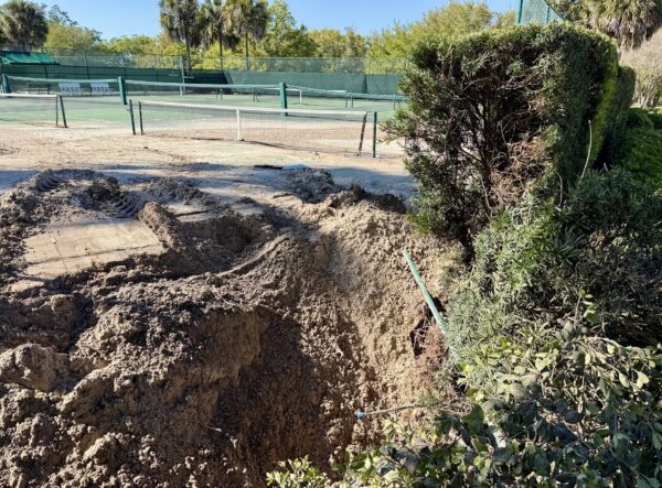 There was an apparent pipe problem near the Lake Miona pickleball courts There was an apparent pipe problem near the Lake Miona pickleball courts
