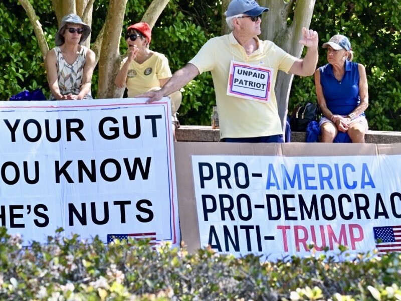 Villages may numerous signs for the No Kings protest