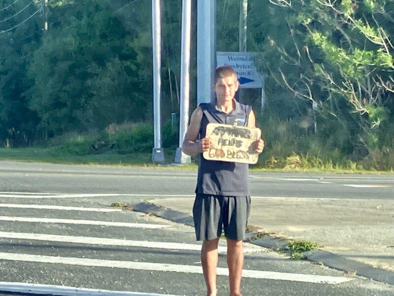 A panhandler asks for money on U.S. Hwy. 441 in Marion County