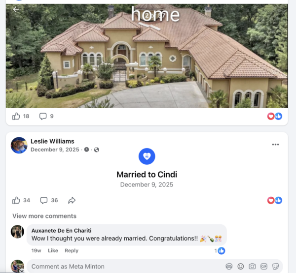 In December, Leslie Williams changed his social media status to Married to Cindi. In December, Leslie Williams changed his social media status to Married to Cindi.