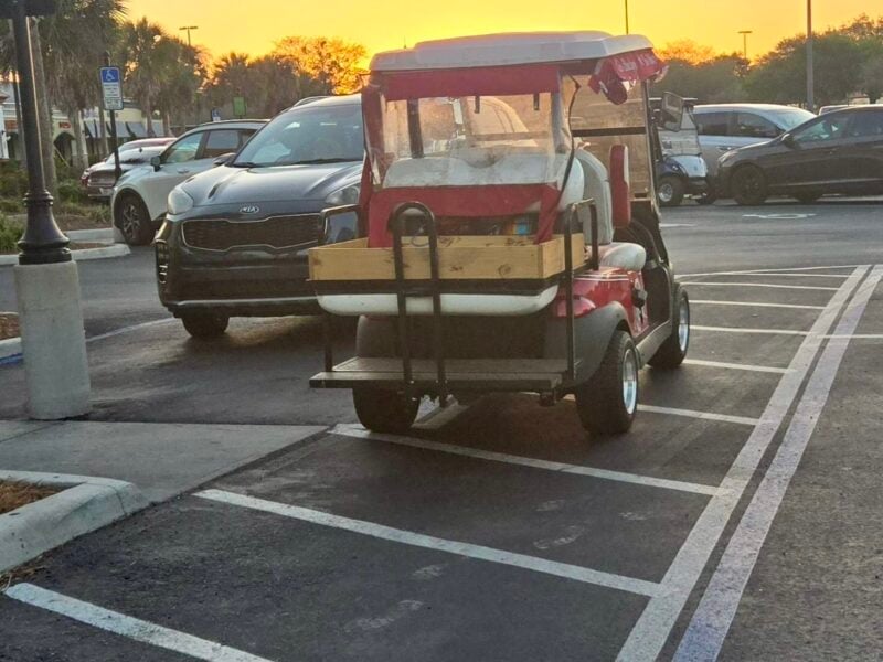 The driver of this golf cart was showing no respect for the handicapped at Mulberry Grove Plaza