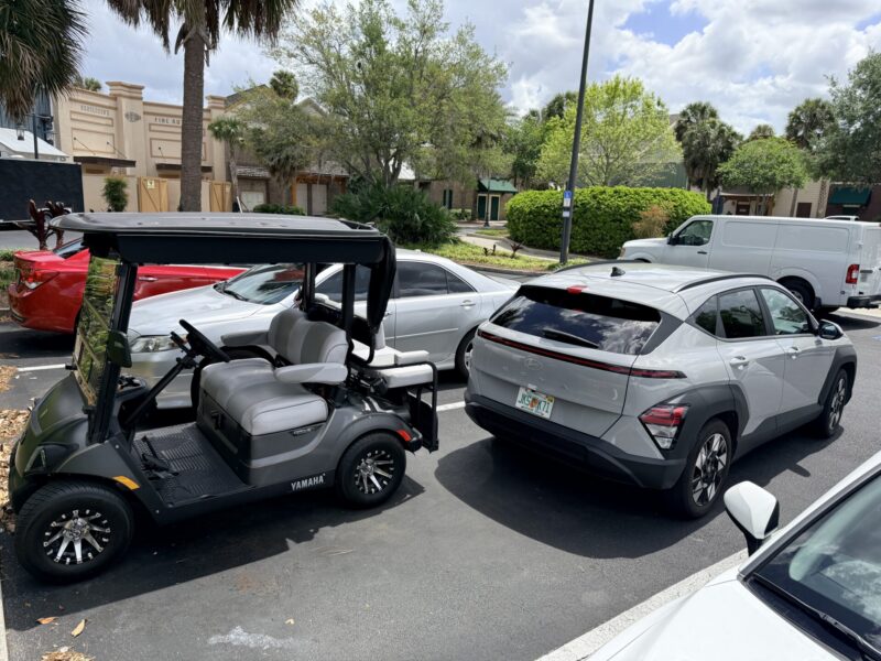 This golf cart wound up sharing a spot with an automobile at Brownwood