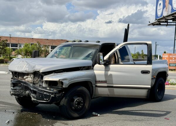 This truck sustained front end damage in the crash near Laurel Manor Recreation Center This truck sustained front end damage in the crash near Laurel Manor Recreation Center