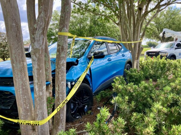 This vehicle crashed in the median on Buena Vista Boulevard at the entrance to the Village of Calumet Grove This vehicle crashed in the median on Buena Vista Boulevard at the entrance to the Village of Calumet Grove