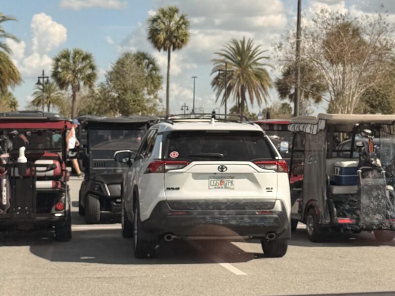 This vehicle was squeezed in between two golf carts at Sawgrass Grove