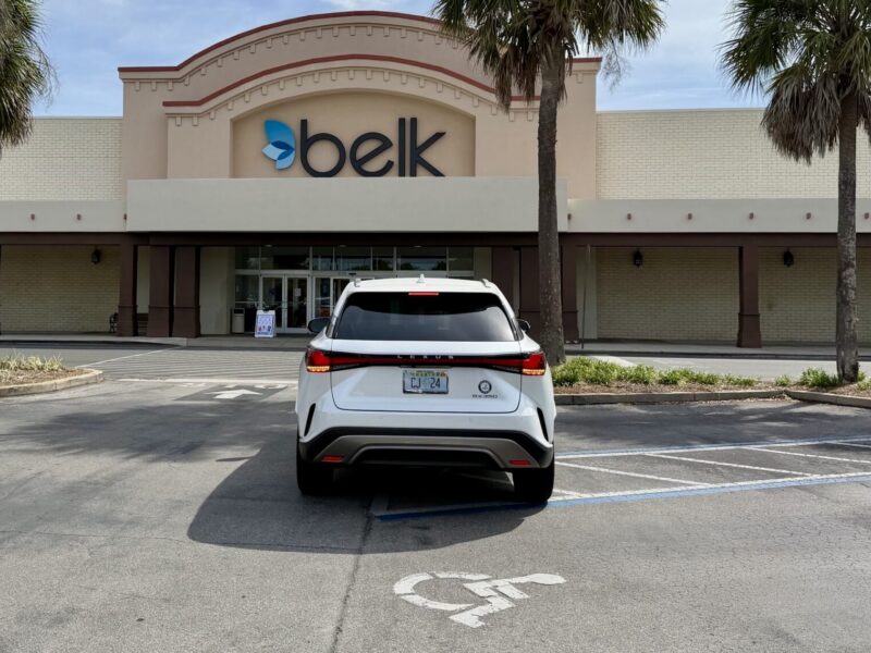 It s not clear what the driver of this Lexus was thinking when parking across a handicapped spot at Belk at La Plaza Grande