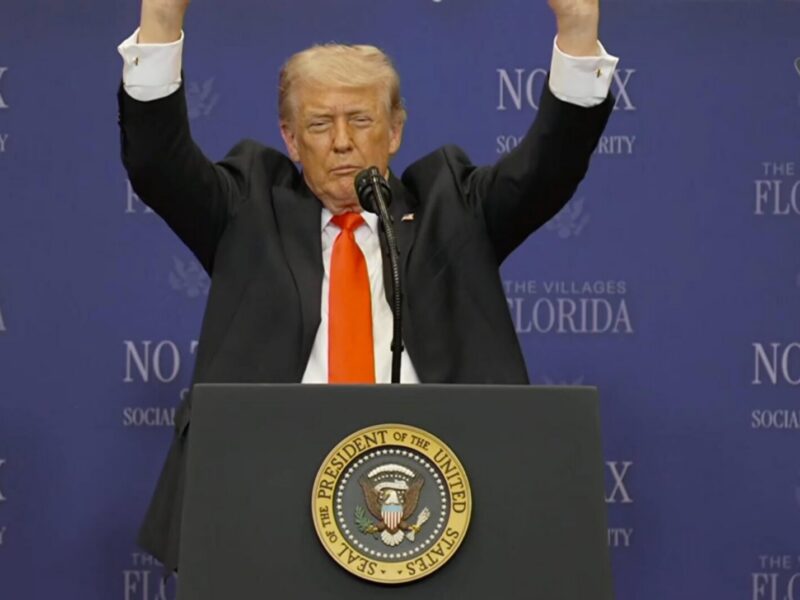President Trump immitates lifting up dumbbells during a story about a transgender athlete competing against women.