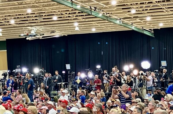 President Trump took aim at the Fake News media position at the rear of the event.