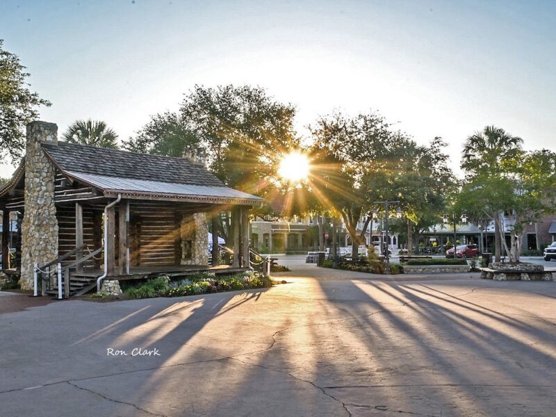 Sunrise casts long shadows across Brownwood Paddock Square
