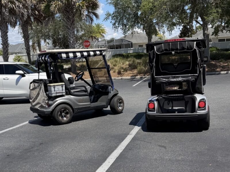 The golf cart on the right shows the right way to park at the Hadley Post Office.
