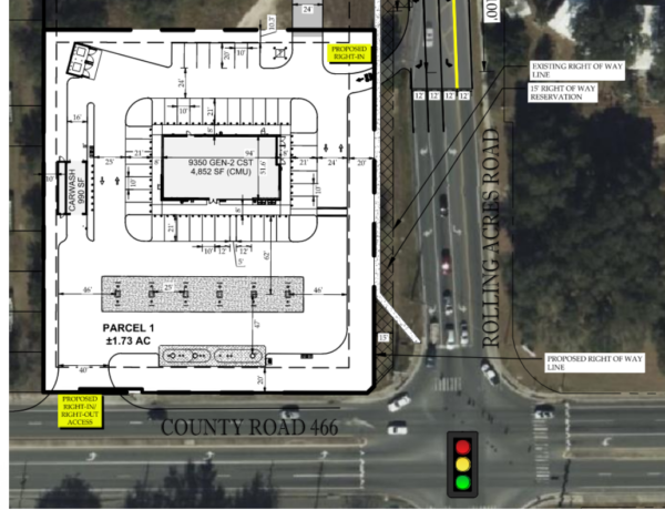 This diagram shows the layout of the proposed convenience store and gas station at Rolling Acres Road and County Road 466. This diagram shows the layout of the proposed convenience store and gas station at Rolling Acres Road and County Road 466.
