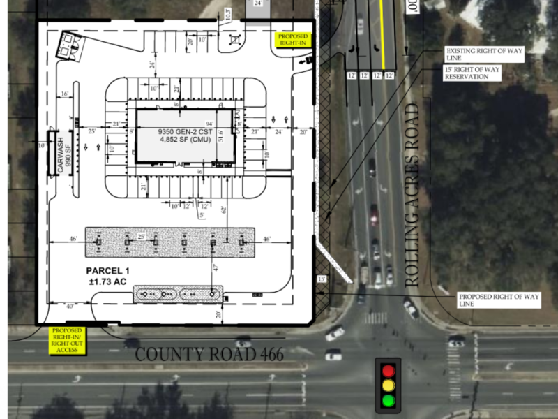 This diagram shows the layout of the proposed convenience store and gas station at Rolling Acres Road and County Road 466.