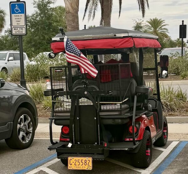 This golf cart driver from New York was proudly violating the handicapped accommodation zone at Sawgrass Grove in The Villages This golf cart driver from New York was proudly violating the handicapped accommodation zone at Sawgrass Grove in The Villages