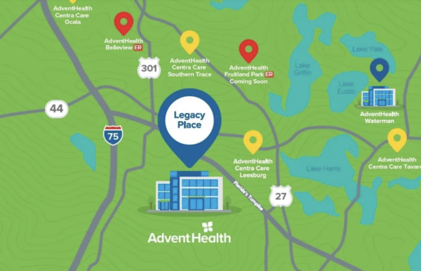 This map shows the location of the new AdventHealth hospital in the southern end of The Villages This map shows the location of the new AdventHealth hospital in the southern end of The Villages