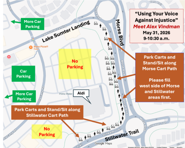 This map shows the map for the Alex Vindman event in The Villages