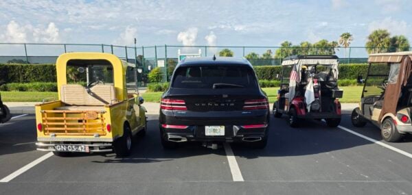An automobile tried to blend in with golf carts at the Bacall Recreation Center An automobile tried to blend in with golf carts at the Bacall Recreation Center