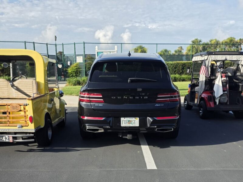 An automobile tried to blend in with golf carts at the Bacall Recreation Center