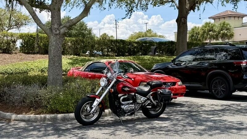 Special shady motorcycle parking is available at Rolling Acres Plaza