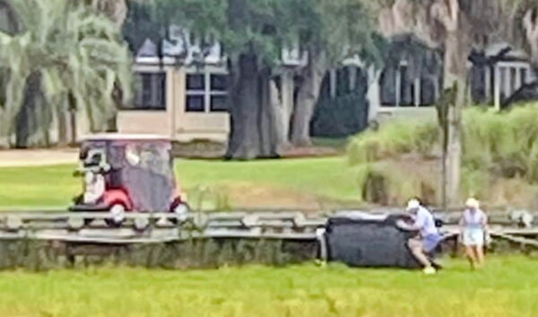 This couple was photographed after their golf cart apparently fell off a golf course bridge This couple was photographed after their golf cart apparently fell off a golf course bridge