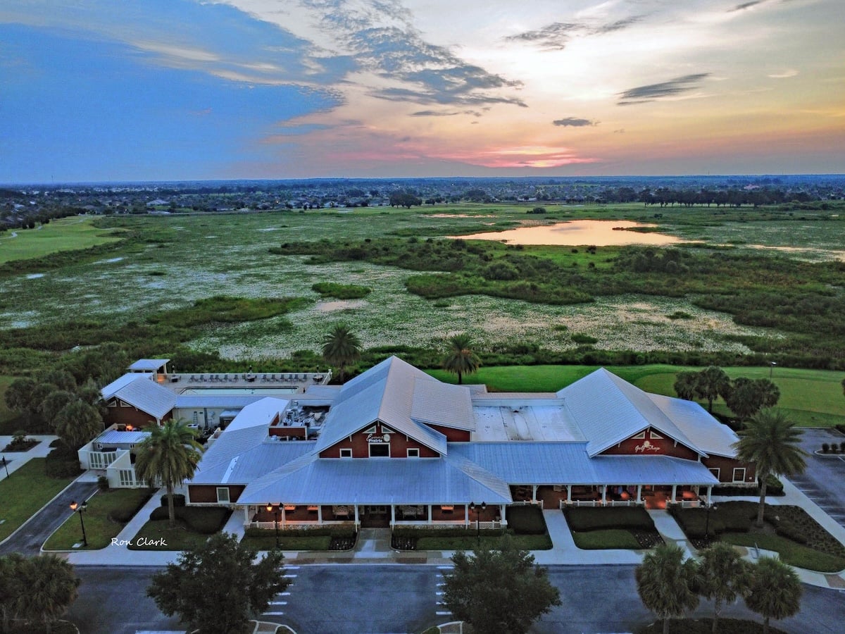 Aerial view captures sunrise over Evans Prairie Country Club Aerial view captures sunrise over Evans Prairie Country Club