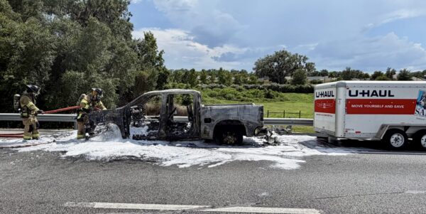 The truck was completely incinerated in the blaze The truck was completely incinerated in the blaze